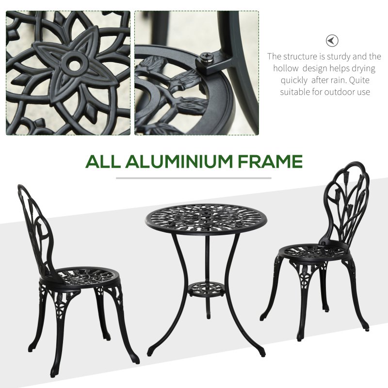 Outsunny 3 Piece Patio Bistro Set, Outdoor Aluminium Garden Table and Chairs with Umbrella Hole for Balcony, Black