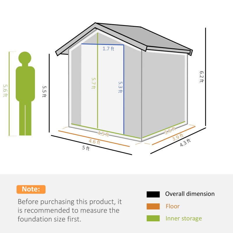 Outsunny 5ft x 4ft Garden Shed, Metal Tool Storage Shed with Sliding Door, Sloped Roof and Foundation Kit for Garden, Patio, Lawn, Grey