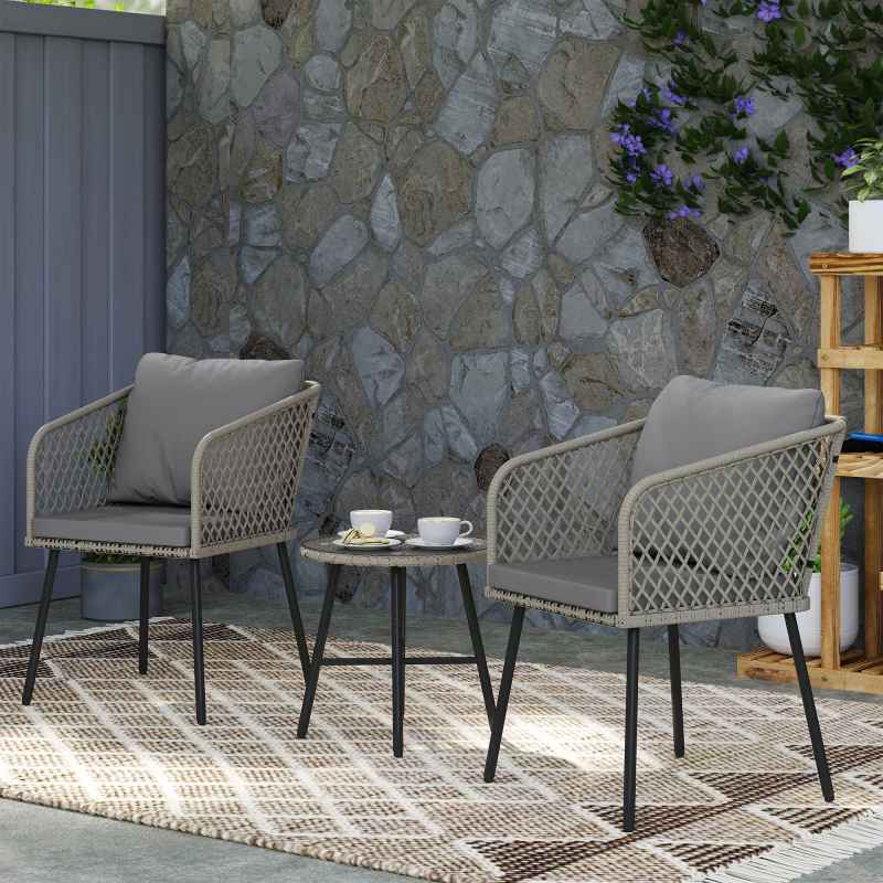 Outsunny 3 Piece Rattan Bistro Set, Patio Wicker Conversation Furniture Set with 2 Chairs, Tempered Glass Table, Cushions, Adjustable Foot Pads, for Garden, Balcony, Grey