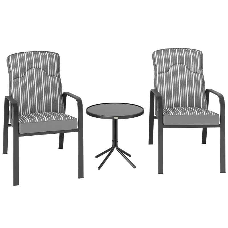 Outsunny 3-Piece Patio Bistro Set, 5-Position Adjustable Recliner Garden Chairs and Tempered Glass Table, Garden Furniture Set with Cushions, High Back, Armrests, Metal Frame for Balcony Patio, Grey