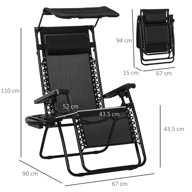 Outsunny Foldable Reclining Garden Chair with Headrest, Zero Gravity Deck Sun Lounger Seat Chair with Footrest, Armrest, Cup Holder & Canopy Shade, Black