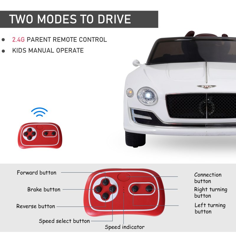 HOMCOM Bentley GT Licensed 12V Electric Car for Kids, Kid's Electric Ride on with Remote Control, Ride on Car with LED Lights, Music, for 3-5 Years, White