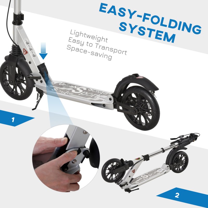 HOMCOM Adult Teens Kick Scooter Foldable Height Adjustable Aluminium Ride On Toy for 14+ w/ Rear Wheel & Hand Brake, 200mm Big Wheels, Shock Mitigation System - Silver