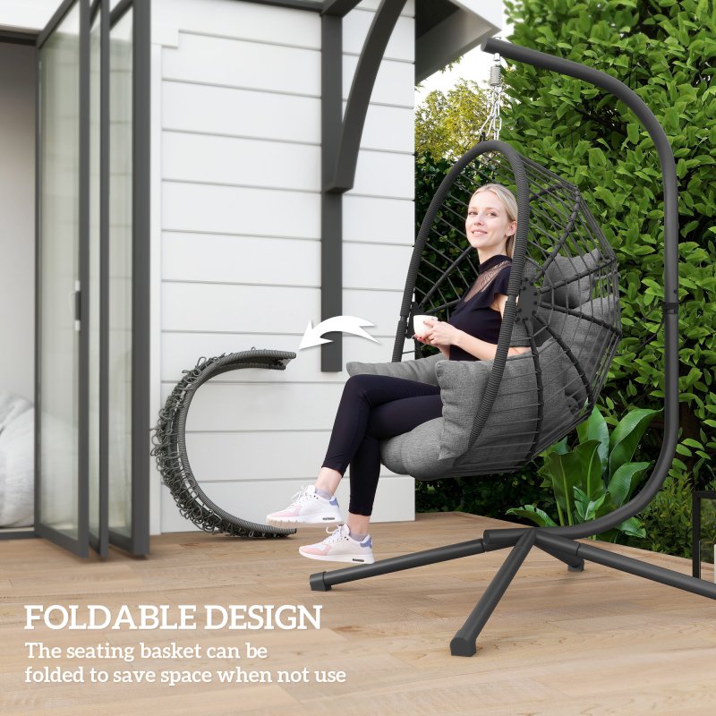Outsunny Outdoor Swing Chair with Thick Padded Cushion, Patio Hanging Chair with Metal Stand, Foldable Basket Egg Chair with Cup Holder, Rope Structure, for Indoor and Outdoor, Grey