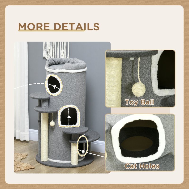 PawHut Cat Tree for Indoor Cats, 3 Tier Cat Tower Barrel Shaped with Sisal Scratching Posts, Cat Bed, Platforms, Hanging Ball, Grey