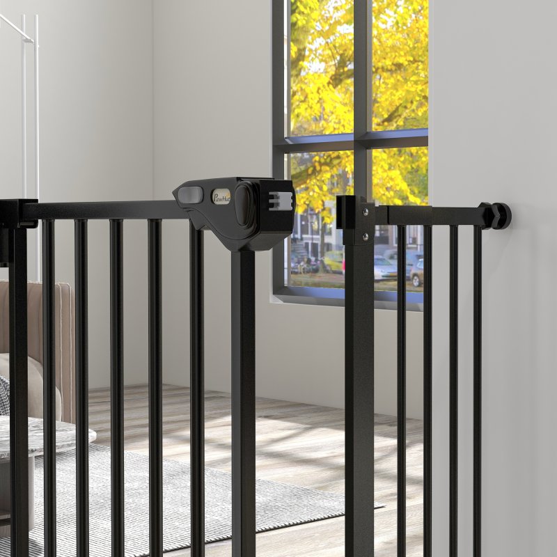 PawHut Dog Gate Stair Gate Pressure Fit Pets Barrier Auto Close for Doorway Hallway, 74-94cm Wide Adjustable, Black