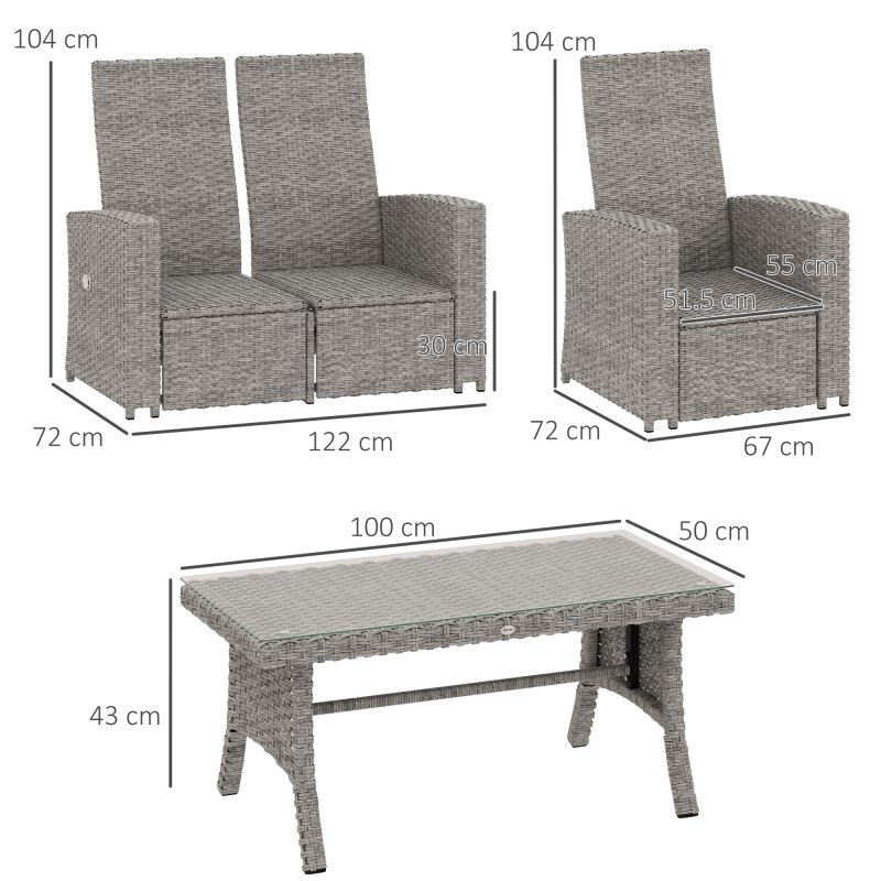 Outsunny 4 Piece Rattan Garden Furniture Set with Adjustable Backrest, Wicker Outdoor Furniture Sofa Set with Loveseat, Reclining Armchairs, Thickened Cushions and Glass Top Table, Navy Blue