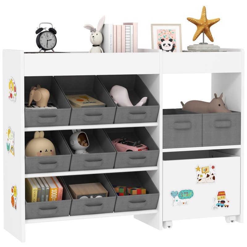 AIYAPLAY Kids Toy Storage Unit, Children Toy Box Organiser with 11 Fabric Bins, Cabinet, Top Shelves, 3 Stickers, Kids Storage Unit Bookshelf for Nursery, Playroom, Kindergarten, White