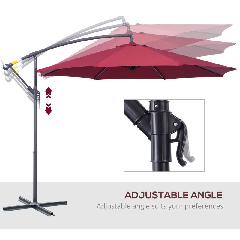 Outsunny 3(m) Garden Banana Parasol Hanging Cantilever Umbrella with Crank Handle and Cross Base for Outdoor, Sun Shade, Wine Red