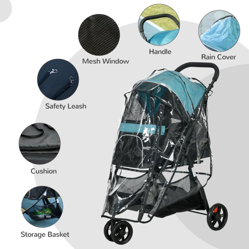 PawHut Dog Pram with Rain Cover Pet Stroller, Foldable Dog Pushchair for Small and Miniature Dogs, Cats - Dark Green
