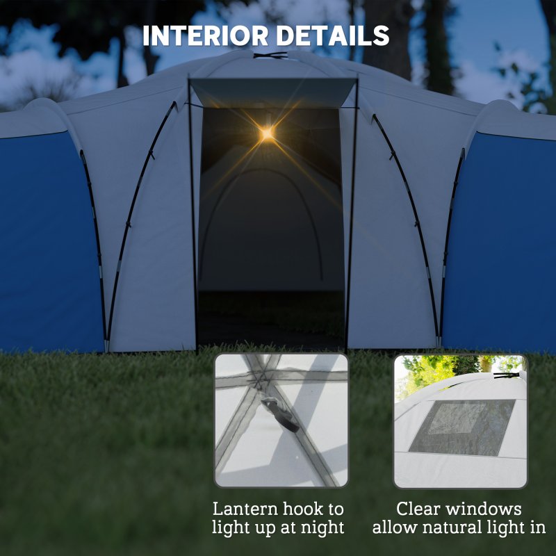 Outsunny 6-9 Man Large Tunnel Tent with 3 Bedroom, Living Area and Porch, 2000mm Waterproof Camping Tent, Portable with Bag, for Fishing Hiking Festival, Blue