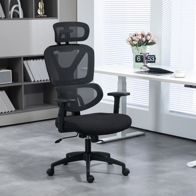 Vinsetto Ergonomic Office Chair, Mesh Swivel Desk Chair with Lumbar Support, Padded Seat, Adjustable Height and Headrest for Home Office, Black