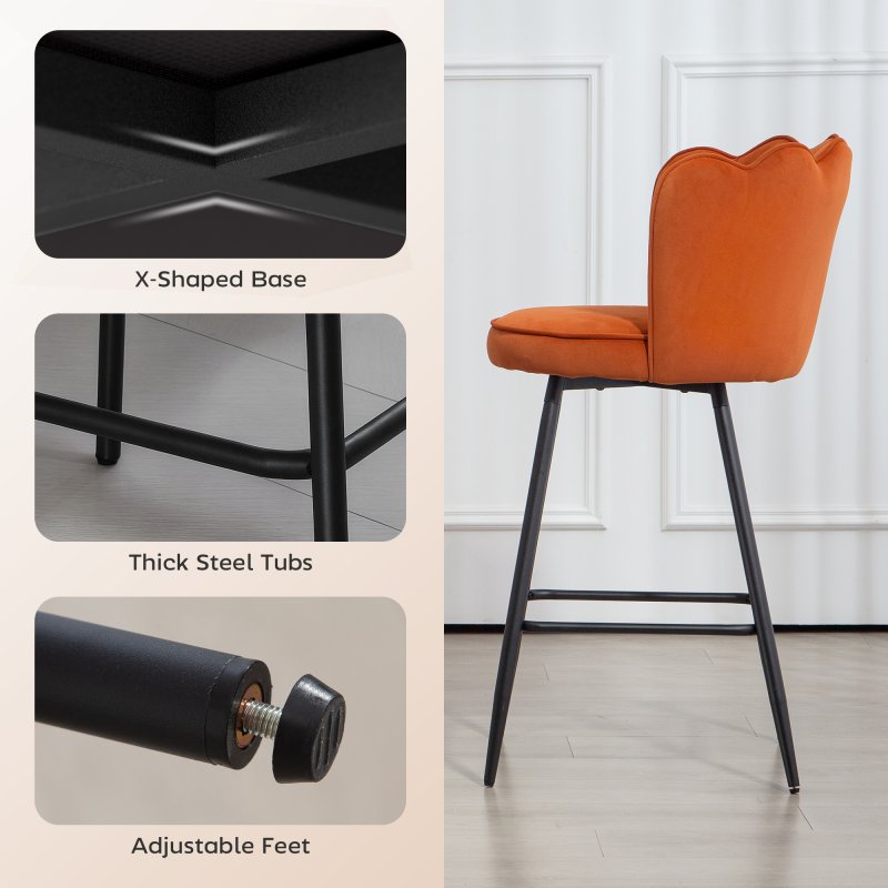 HOMCOM Bar Stools Set of 2, Modern Velvet-Feel Barstools with Petal Backrest and Footrest, Upholstered Breakfast Bar Chairs with Metal Legs for Kitchen Island Counter, Dining Room, Orange