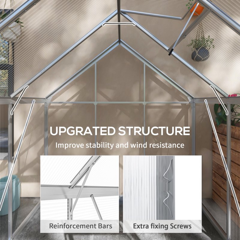 Outsunny 6 x 6ft Polycarbonate Greenhouse, Walk-In Greenhouse with Sliding Door, Adjustable Window, Aluminium Frame and Foundation, Garden Grow House with Rain Gutter, Silver