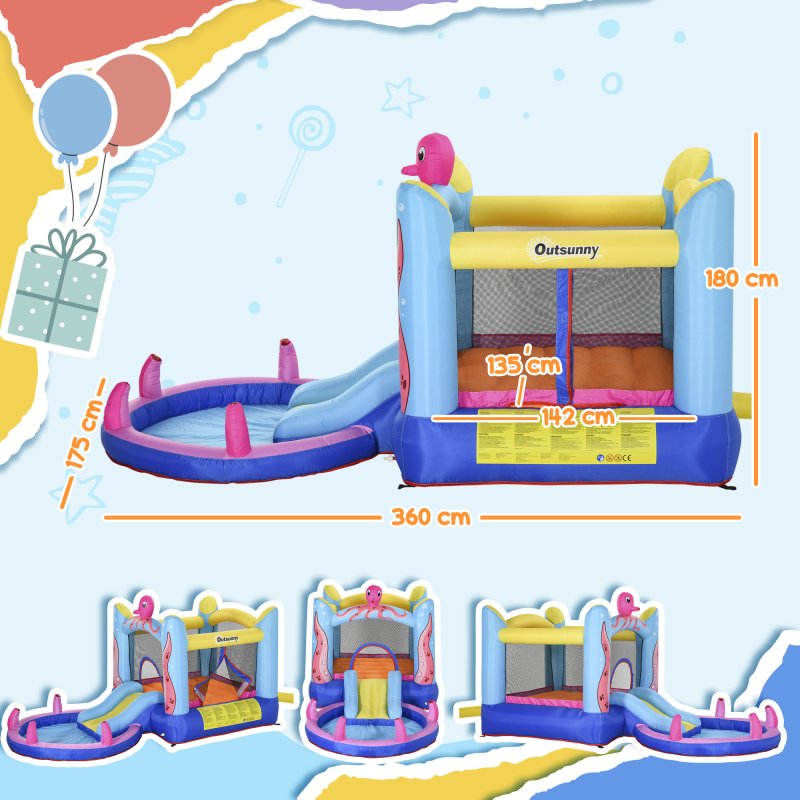 Outsunny 3 in 1 Kids Bouncy Castle with Slide and Pool Trampoline, Inflatable Water Park with Blower for Kids Age 3-8 Octopus Design 3.6 x 1.75 x 1.8m