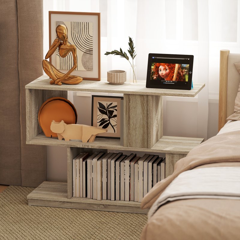 HOMCOM S-Shaped Side Table, 3-Tier Narrow End Table with Storage Shelves, Modern Nightstand for Living Room, Bedroom, 90W x 30D x 61H cm, Natural Wood Finish