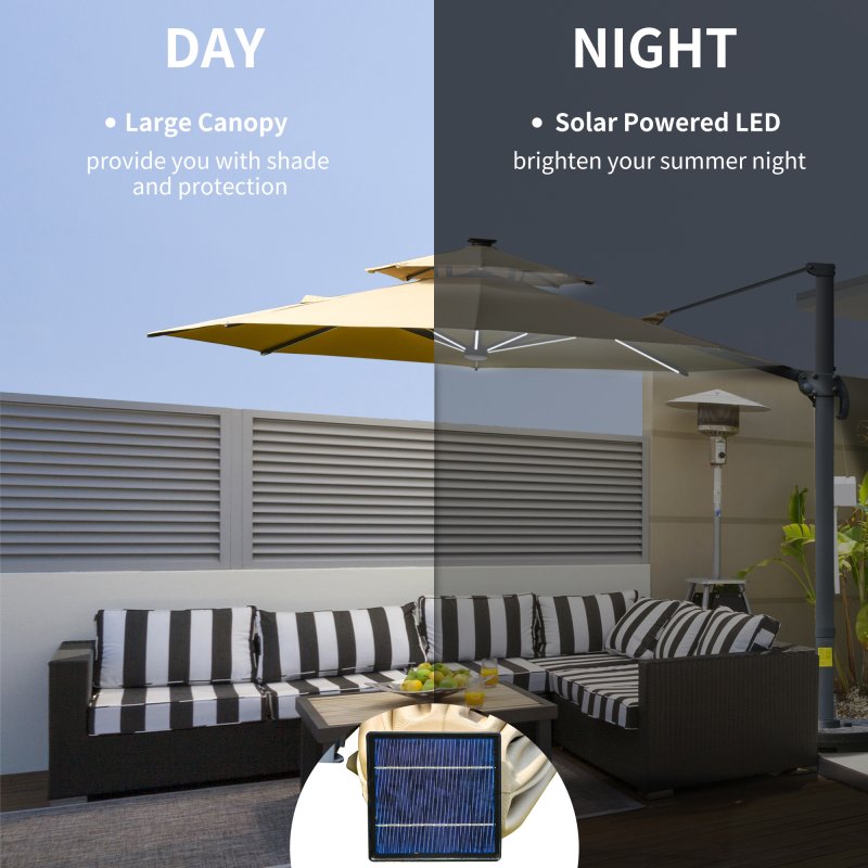 Outsunny 3(m) Cantilever Roma Parasol with LED Solar Lights, Crank & Tilt, Aluminium Frame, Cross Base and Adjustable Canopy 360° Rotating Sun Umbrella with 2-Tier Shade, Beige
