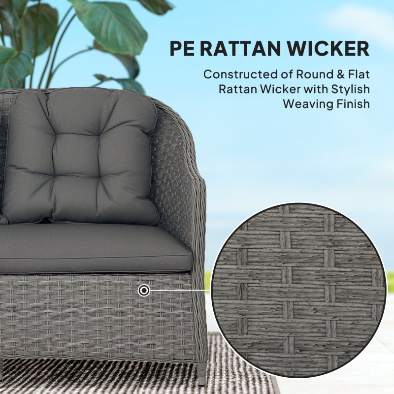 Outsunny 4 Pieces Rattan Garden Furniture Set, Round Wicker Garden Sofa Set with Loveseat, Armchairs and Glass Top Table, Outdoor Conservatory Furniture with Cushions for Patio, Balcony, Light Grey