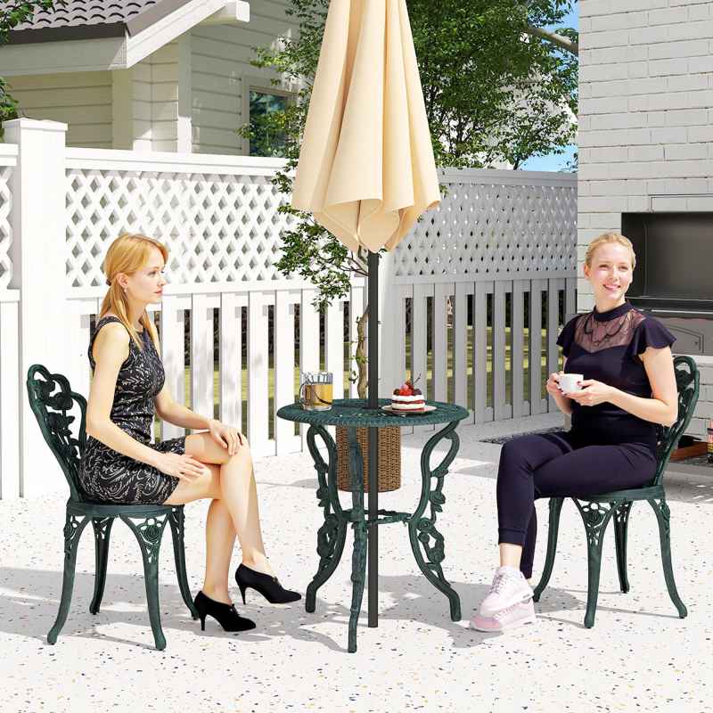Outsunny Garden Bistro Set with Umbrella Hole, 3 Piece Cast Aluminium Garden Furniture Set, Antique Floral Round Coffee Table and Chairs, Small Balcony Furniture for Outdoor, Patio, Green