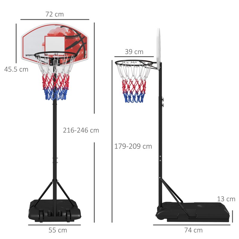 SPORTNOW Height Adjustable Basketball Hoop and Stand, Free Standing Basketball Stand Net Set System w/ Wheels, Enlarged Base, PE Backboard, 179-209cm