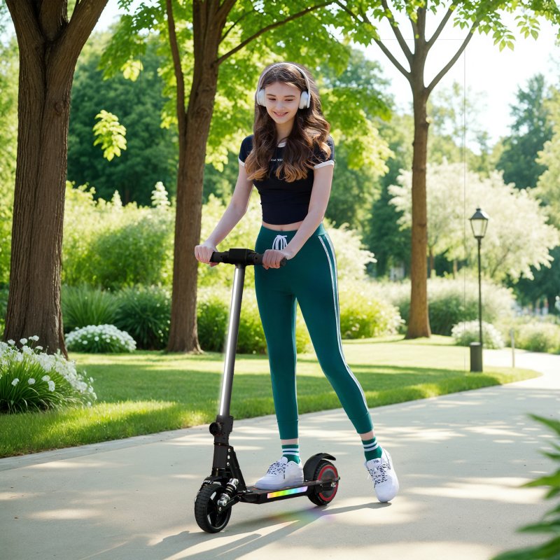 SPORTNOW Electric Scooter for Kids, Folding E Scooter for Age 6-14 with Dual Brakes, Up to 14 KM/H, Maximum Range 6 KM, 6.8kg Lightweight, Front Suspension, LED Colourful Lights, Black