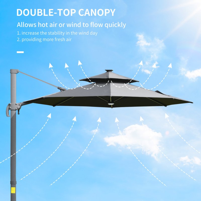 Outsunny 3(m) Cantilever Roma Parasol with LED Solar Lights, Crank & Tilt, Aluminium Frame, Cross Base and Adjustable Canopy 360 Degrees Rotating Sun Umbrella with 2-Tier Shade, Grey