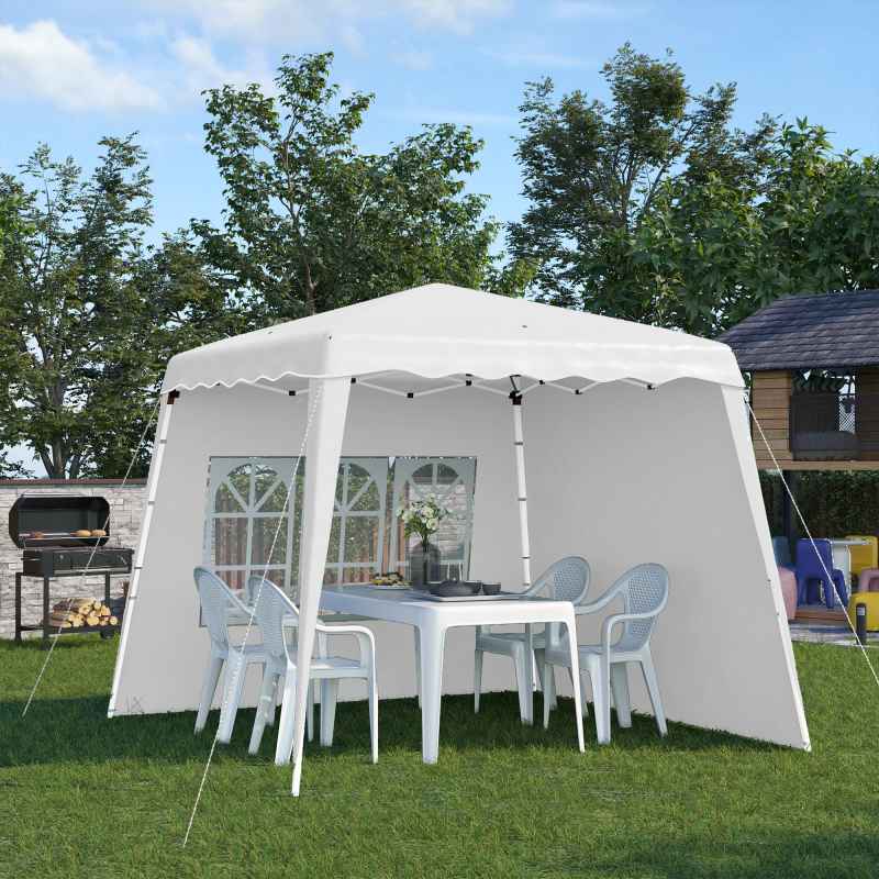 Outsunny 2.4 x 2.4m Pop Up Gazebo Canopy Tent with 2 Sidewalls and Carry Bag, Height Adjustable, UV50+ Party Tent Event Shelter for Garden, Patio, White
