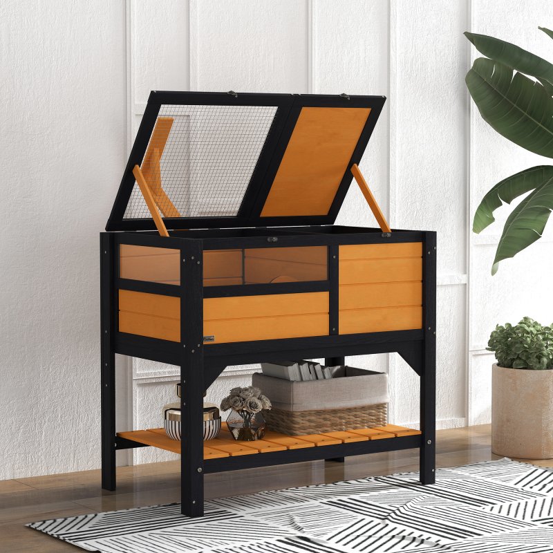 PawHut Tortoise House w/ Shelf, Small Pet Reptile Wooden House w/ Hide Shelter Den and Run, Lamp Holder, Tray, for Indoors, Outdoors - Yellow