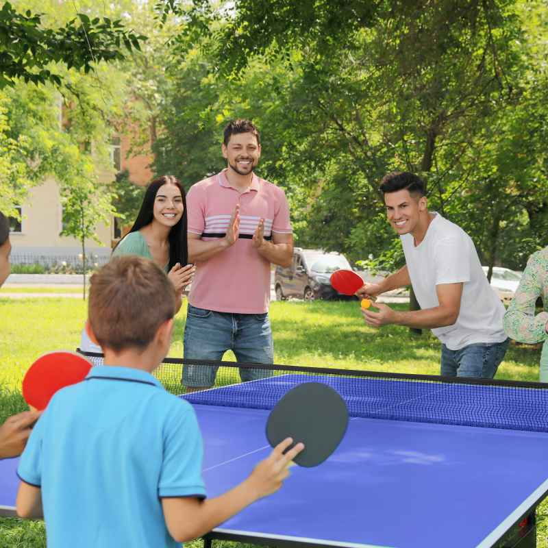 SPORTNOW 9FT Foldable Table Tennis Table, Fold Into Quarters, Indoor Portable Full Size Ping Pong Table with Cover, Net, Paddles, Balls, Blue