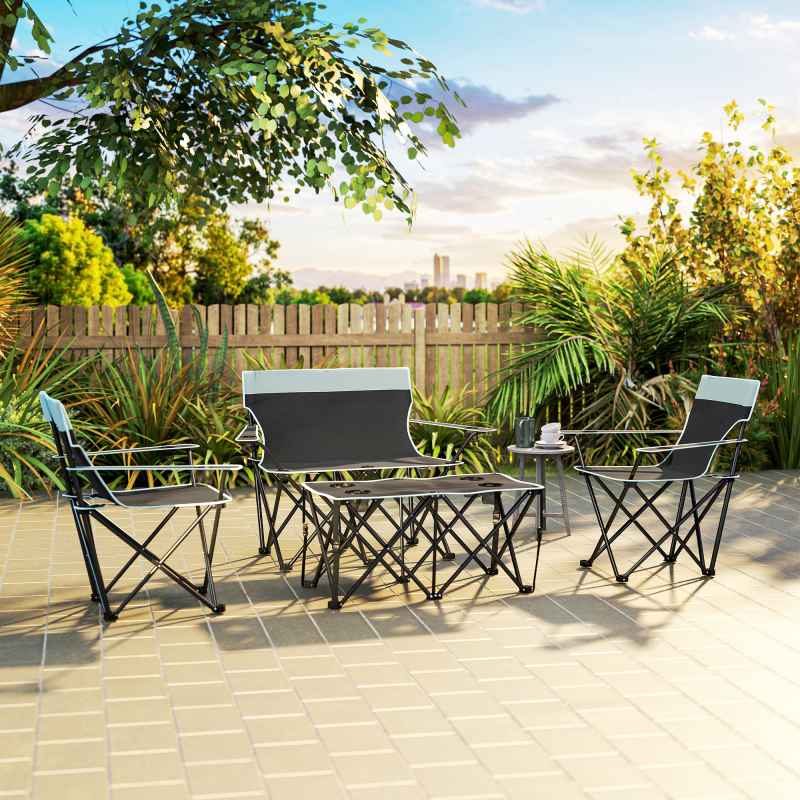 Outsunny 4 Piece Foldable Camping Table and Chairs Set, Portable Picnic Table with 3 Chairs, Cup Holders and Carrying Bag, Outdoor Lightweight Table Set for BBQ, Picnic, Parties, Grey