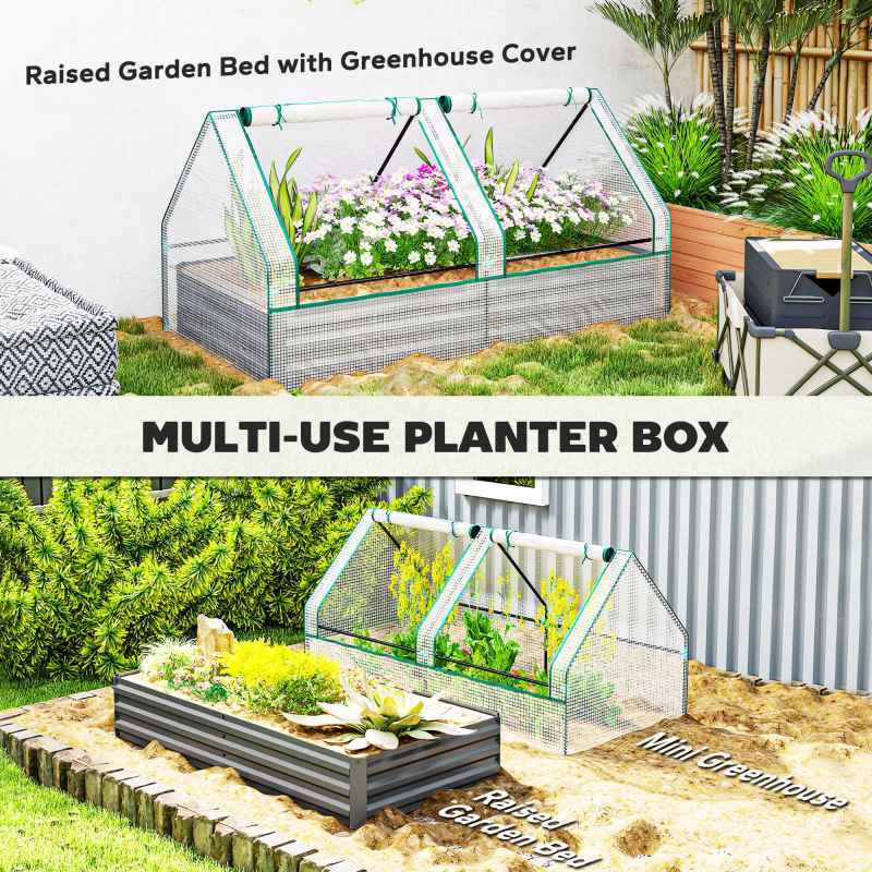 Outsunny Raised Garden Bed with Mini Greenhouse, Outdoor Metal Planter Box with Cover, for Herbs and Vegetables, Use for Patio, Garden, Balcony, White and Dark Grey