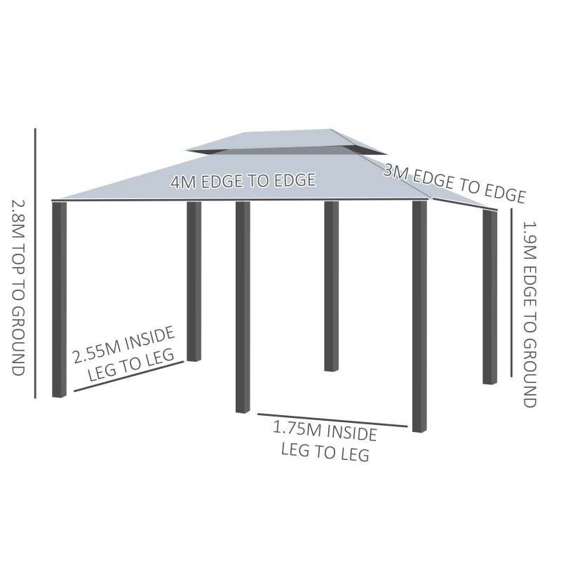 Outsunny 4m x 3(m)Garden Gazebo, Double Roof Outdoor Gazebo Canopy Shelter with Curtains, Solid Steel Frame for Patio, Garden, Grey