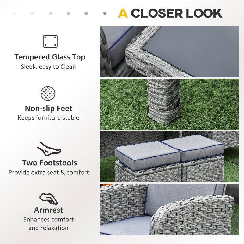Outsunny 6 Pieces Rattan Garden Furniture Set, 6 Seater Garden Sofa Set with Glass Top Dining Table, Loveseat, 2 Armchairs and Ottomans, Wicker Outdoor Conservatory Furniture for Patio, Grey