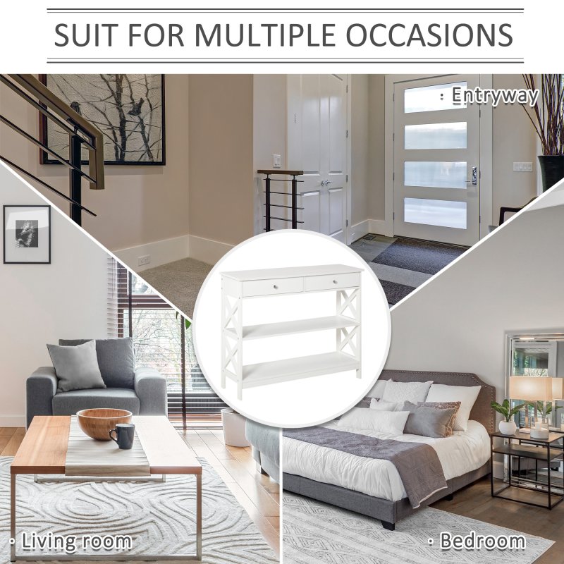 HOMCOM Console Table Side Desk w/ Shelves Drawers Open Top X Support Frame Living Room Hallway Home Office Furniture