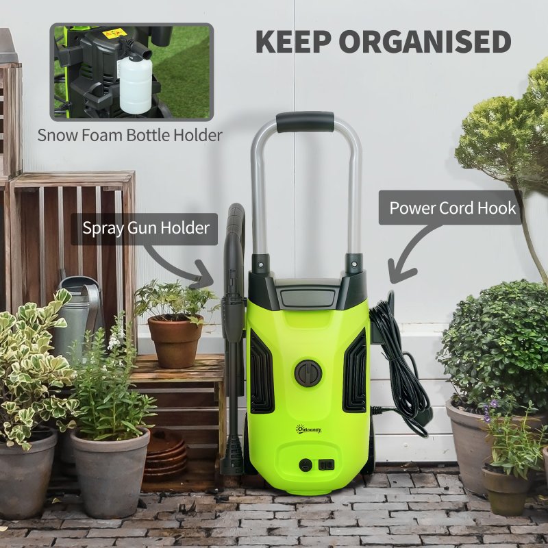 Outsunny 1800W High Pressure Washer, 150 Bar Pressure, 420 L/h Flow, Portable Electric Power Washer Jet Wash Cleaner with Adjustable Nozzle, 6M Hose, Steel Handle for Home Patio Car Driveway, Green