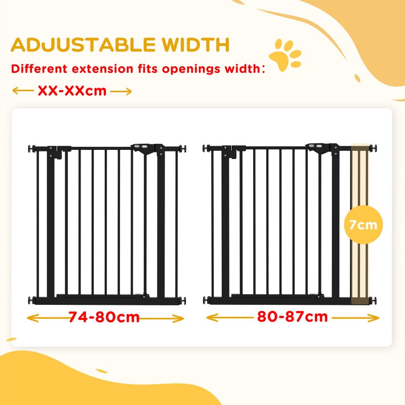 PawHut Dog Gate Stair Gate Pressure Fit Pets Barrier Auto Close for Doorway Hallway, 74-87cm Wide Adjustable, Black