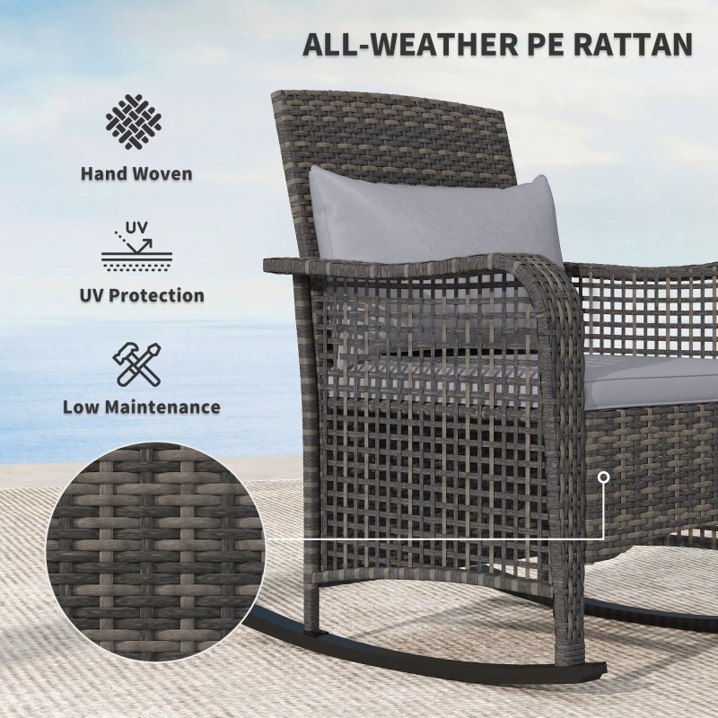 Outsunny Garden Rocking Chair, Outdoor Rattan Rocker Lounge Chair with Seat and Back Cushions, Patio Armchair Seat with All-weather Wicker, Steel Frame for Porch Balcony, Light Grey