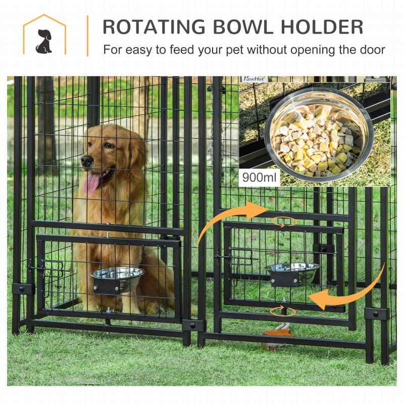 PawHut Outdoor Dog Kennel with Rotating Bowl Holders, Dog Run with Water and UV-Resistant Cover for Medium & Small Dogs, Red