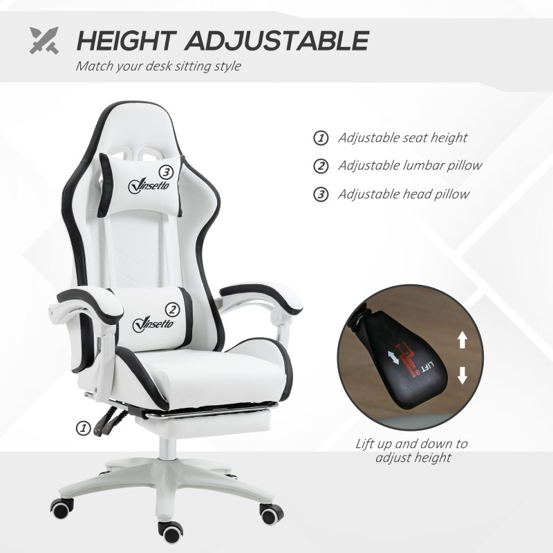 Vinsetto Computer Gaming Chair, PU Leather Office Desk Chair with Footrest, Swivel Wheels, 135?? Reclining Back, Lumbar Support, Headrest for Home, White and Black