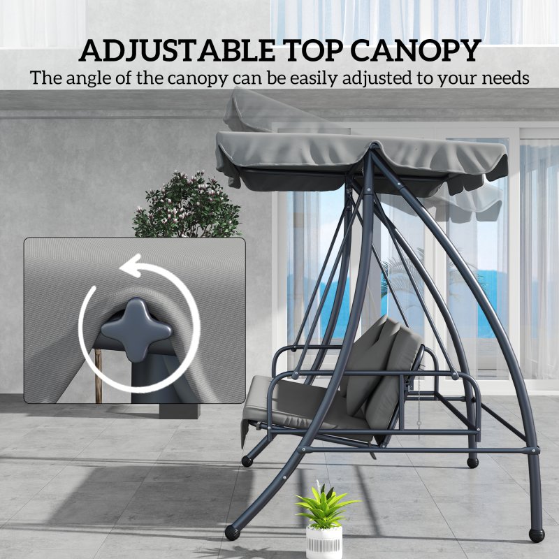Outsunny Outdoor 2-in-1 Swing Chair Lounger 3 Seater Garden Swing Seat Bed Hammock Bed Convertible Tilt Canopy W/ Cushion, Light Grey