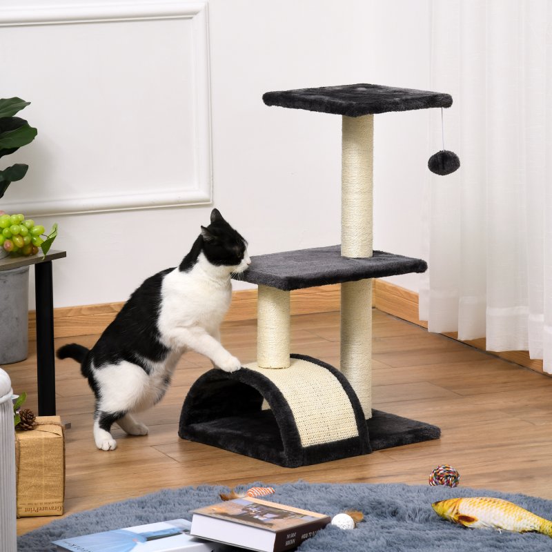 PawHut Cat Tree Tower for Indoor Cats, 72cm Climbing Activity Centre w/ Sisal Scratching Post, Pad, Arc Perch, Hanging Ball, Toy - Black