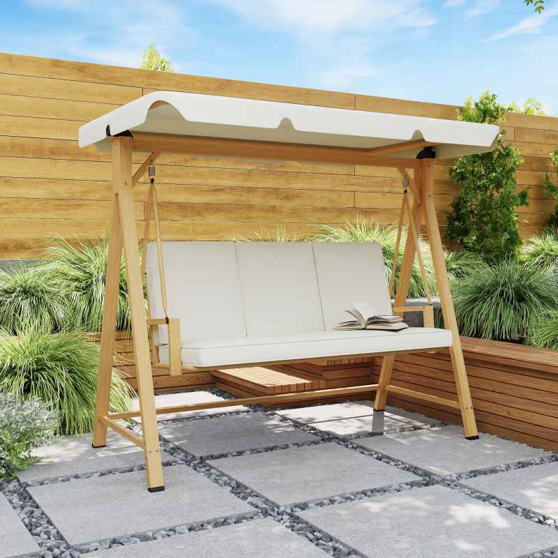 Outsunny 3 Seater Garden Swing Seat with UPF30+ Adjustable Canopy, Swing Chair with Cushion, Outdoor Hammock Bench for Balcony Patio, Beige