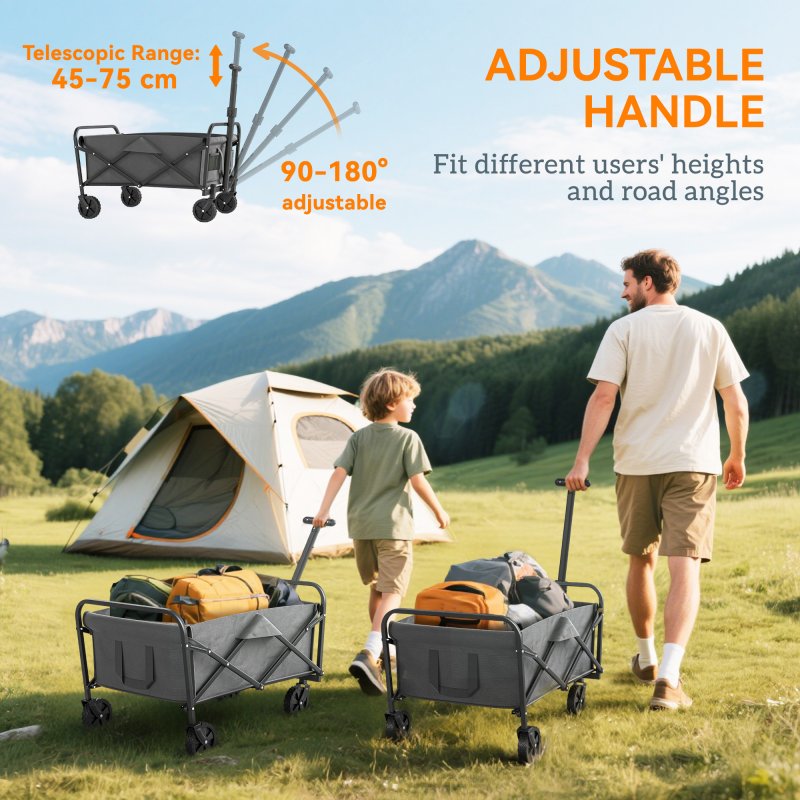 Outsunny 62L Festival Trolley on Wheels, Garden Folding Trolley Cart, 120kg Heavy Duty Collapsible Folding Wagon with Adjustable Handle and Carrying Bag for Beach, Camping, Festival, Grey