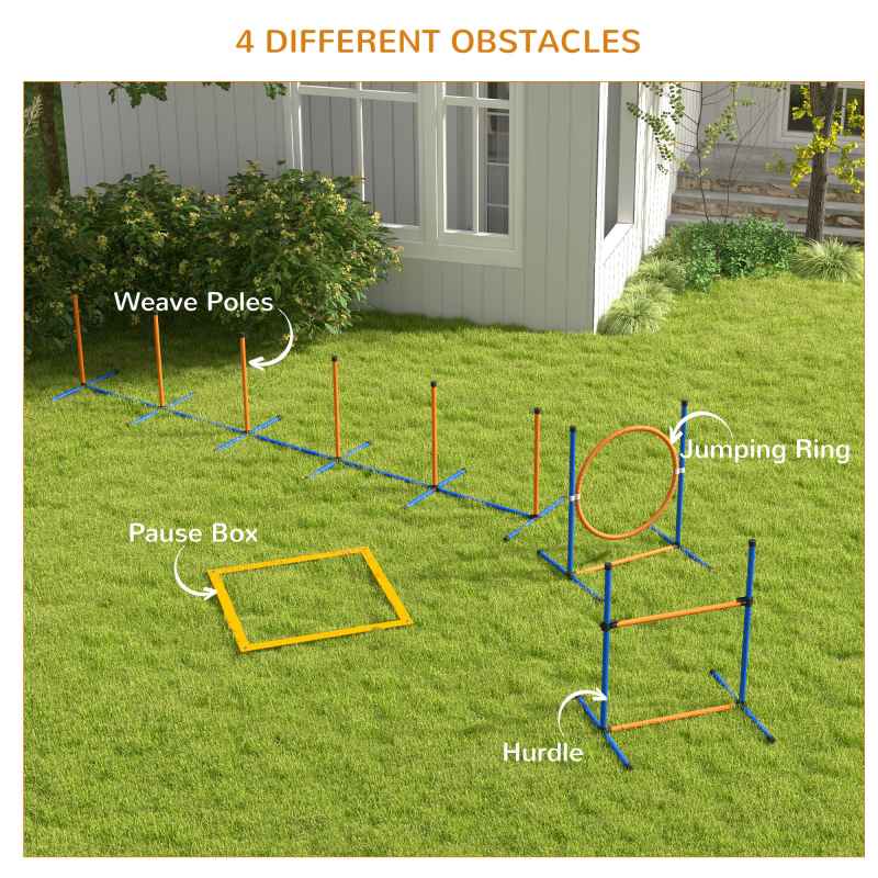 PawHut Dog Agility Equipment Set, 8 Piece Outdoor Agility Kit w/ Weave Poles, Adjustable High Jump Ring, Hurdle, Pause Box, Tennis Balls, Whistle, Training Shorts, Carrying Bag, for Dogs - Orange