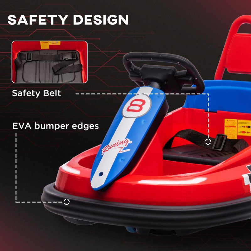 HOMCOM Kids Bumper Car 360° Rotation Spin Waltzer Car 6V Electric Ride On Car with 2 Speeds, Music, Lights for 18-48 Months - Red