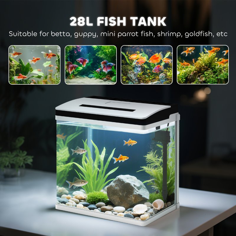 PawHut Aquarium, 28L Glass Fish Tank with Filter, LED Lighting, Water Pump, for Bettas, Guppies, Mini Parrot Fishes, Shrimp, Goldfish, 38 x 26 x 39.5cm