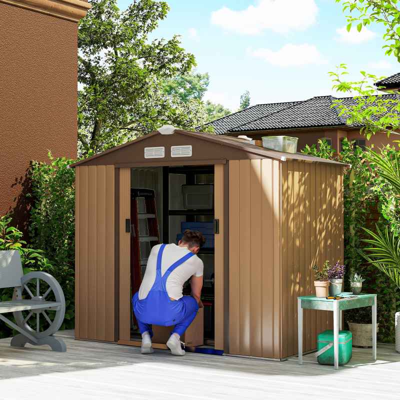 Outsunny 7 x 4ft Metal Garden Shed, Outdoor Storage Tool House with Ventilation Slots, Foundation Kit and Lockable Double Doors, Light Brown