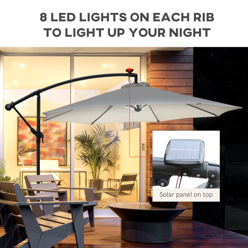 Outsunny 3(m) Banana Cantilever Parasol with Solar LED Lights, Garden Umbrella with Cross Base and Crank Handle, Hanging Offset Sun Shade for Outdoor, Patio, Cream White