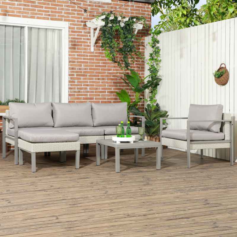 Outsunny 6 Pieces PE Rattan Garden Furniture Set with Sofa, Armchairs, Stool, Patio Sofa Set with Metal Coffee Table, Cushions, for Poolside, Light Grey