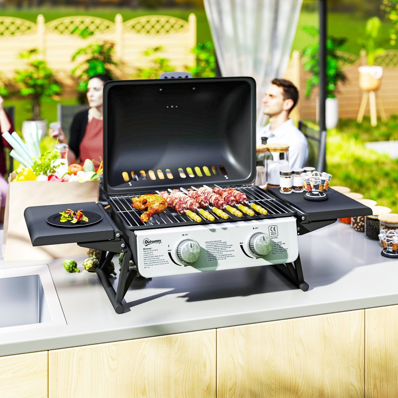 Outsunny 2 Burner Gas BBQ Grill with Foldable Side Tables, Portable Tabletop Gas Barbecue Grill with Built-in Thermometer, Lid, Grease Tray for Garden Party Camping Picnic Outdoor Cooking 5.6KW, Black